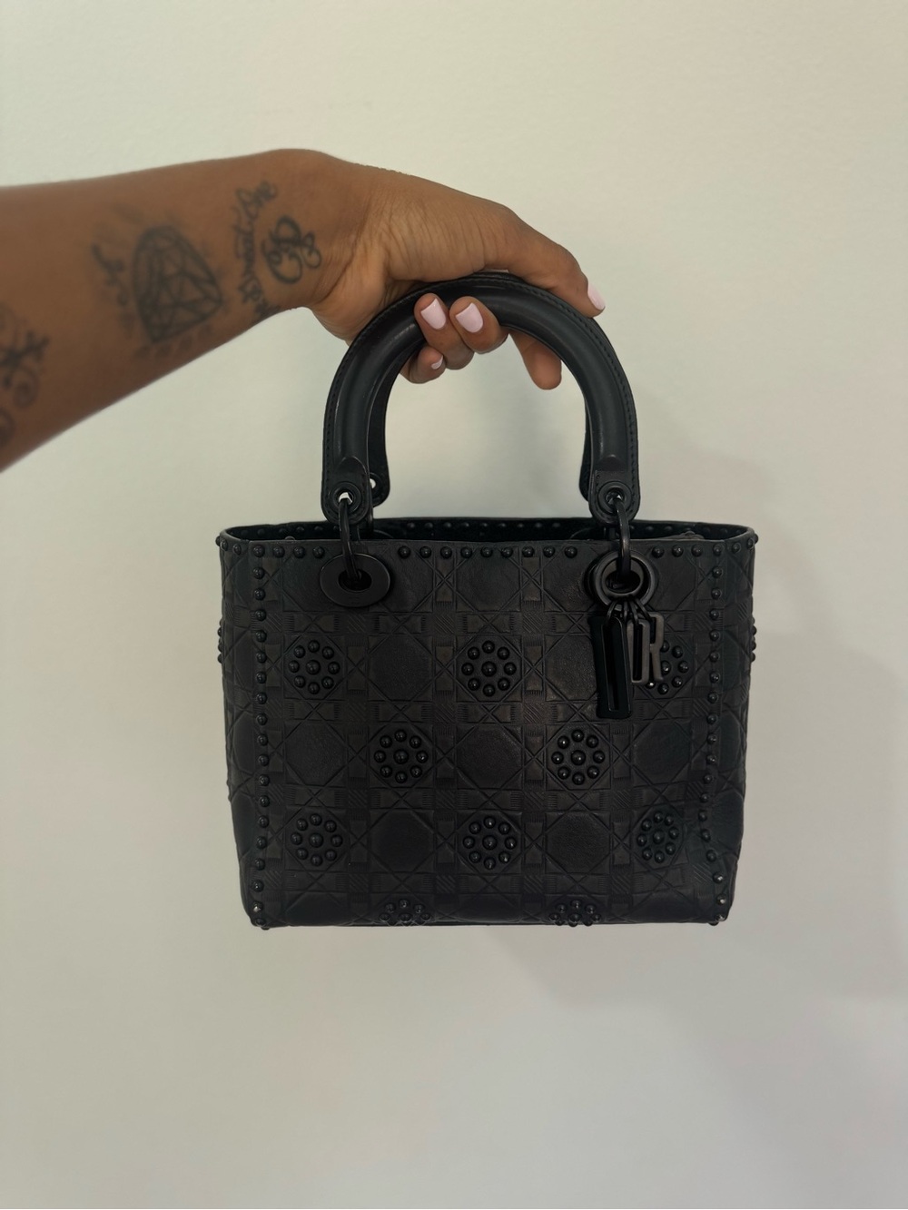 Authentic Dior Lady Dior Medium Matte Black Studded 2 way Bag 2018